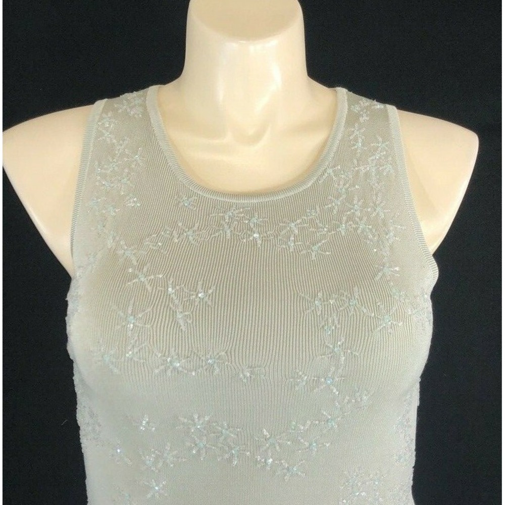 Carmen Marc Valvo LARGE Top Light Gray Clear Bead Heavy Knit Tank Shell Stretchy - Picture 3 of 8